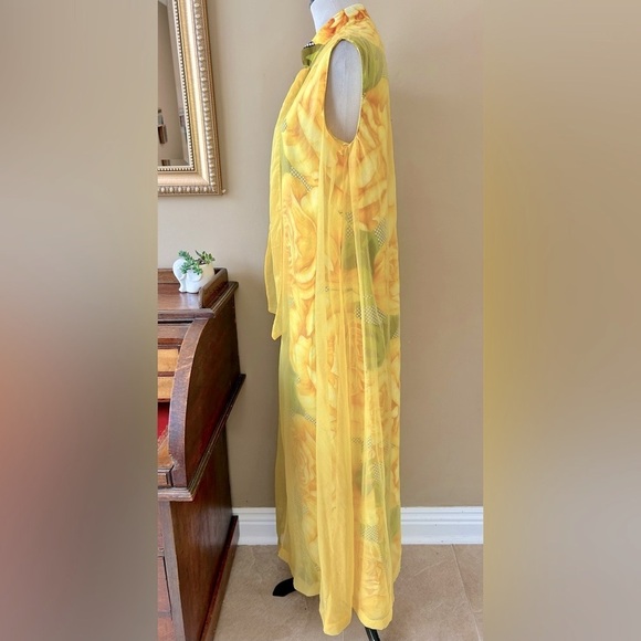 Vintage 1960s Alice Polynesian Chiffon Maxi Dress Hawaiian Yellow Floral Muumuu - Picture 5 of 16